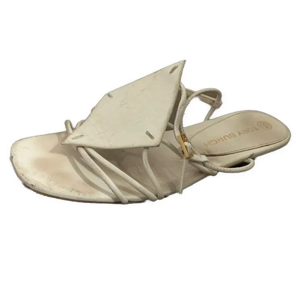 Tory Burch Authentic Solid Bone White Genuine Leather Ankle Strap Flat Sandals 7